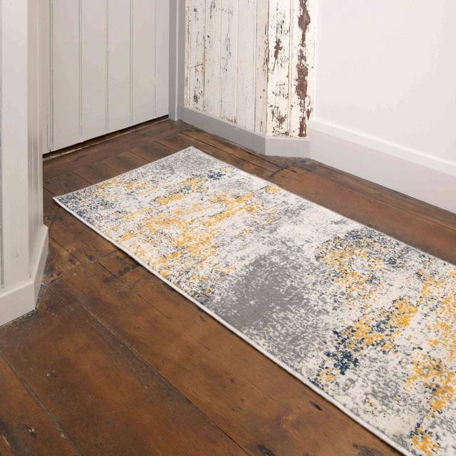 Distressed Ochre Yellow Pastel Soft Hall Runner Rug - Oscar - 60cm x 240cm Runner