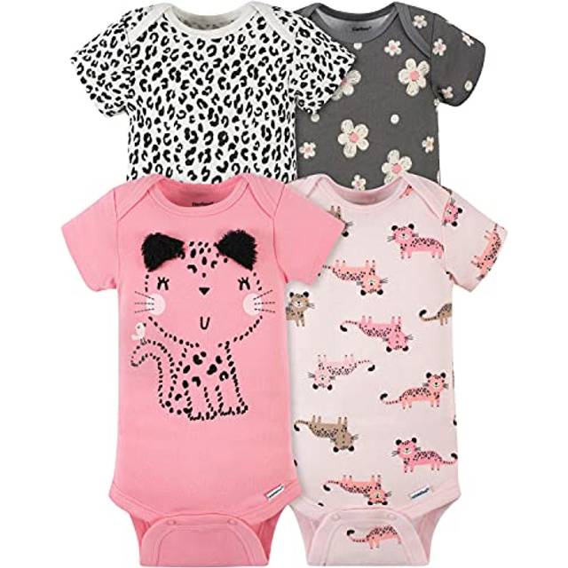 Gerber baby girls 4-pack Short Sleeve Onesies Bodysuits Shirt  Leopard Pink  6-9 Months US