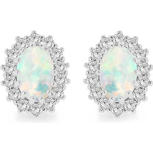 Tuscany Silver Sterling Rhodium Plated Oval Synthetic Opal & White Cubic Zirconia 7.5mm x 9.5mm Flower Cluster Stud Earrings