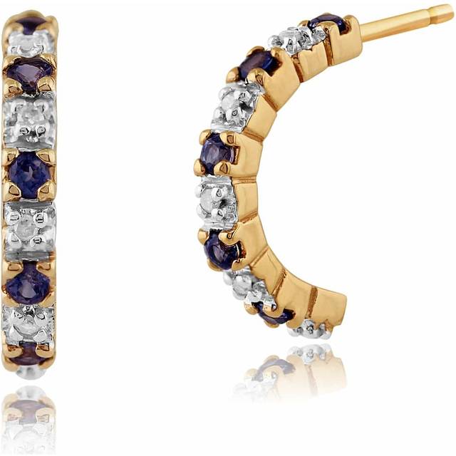 Classic Round Sapphire & Diamond Half Hoop Style Earrings in 9ct Yellow Gold