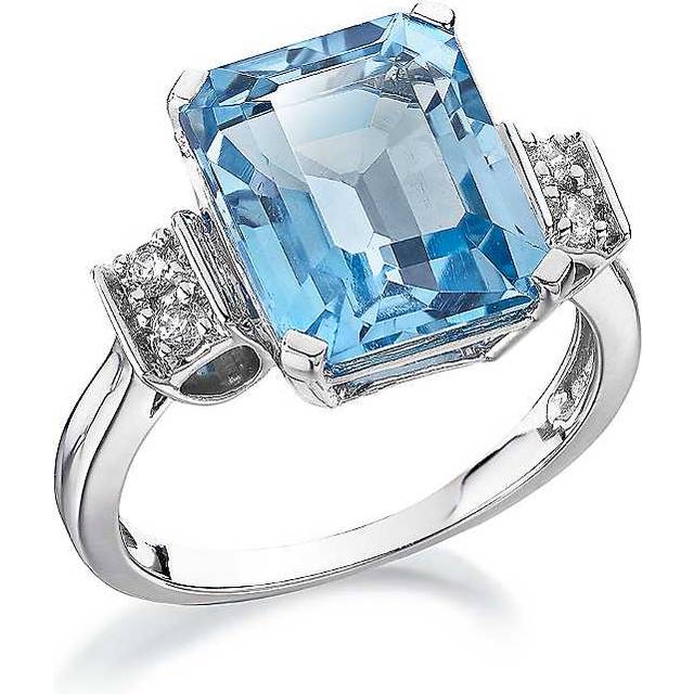 9ct White Gold 0.10ct Diamond & Emerald Cut Blue Topaz Ladies Fashion Ring