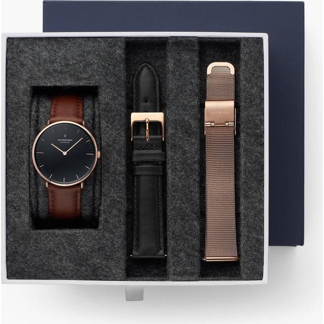 Nordgreen Minimalistist Slim Women's Watch - Black Dial - Rose Gold Case - Brown Leather / Black Leather / Rose Gold Mesh 36mm Straps