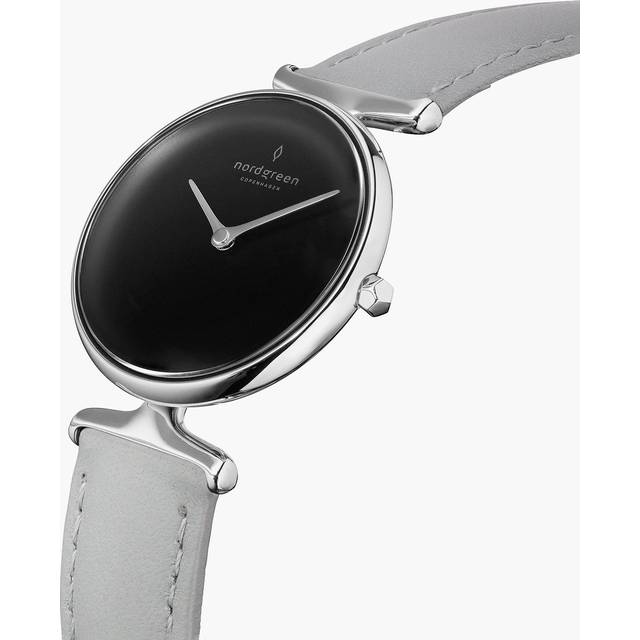 Nordgreen Best Women's Slim Designer Watch - Silver Case - Black Dial - 28mm Grey Leather Strap