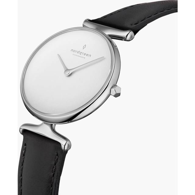 Nordgreen Best Women's Slim Designer Watch - Silver Case - White Dial - 32mm Black Leather Strap