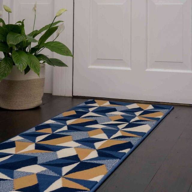 Blue Grey Modern Geometric Hall Runner Rugs - Milan - 60cm x 240cm Runner