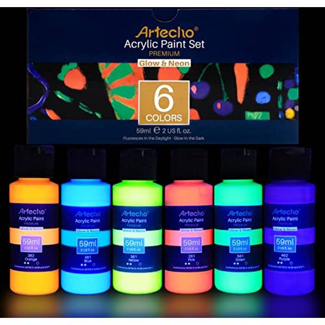 Artecho Glow in the Dark Paint - Set of 6 Colors  59 ml / 2 oz Acrylic Paint for Decoration  Art Painting  Outdoor and Indoor Art Craft  Supplies for