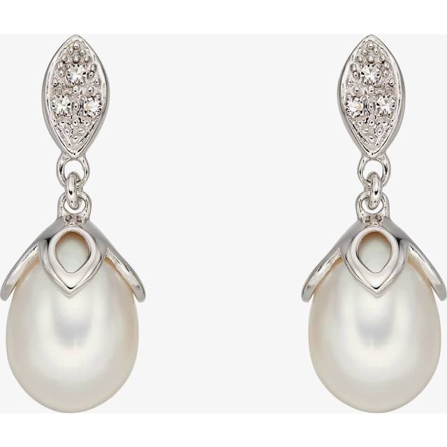 9ct White Gold Diamond And Fresh Water Pearl Dropper Earrings GE2223W - Silver
