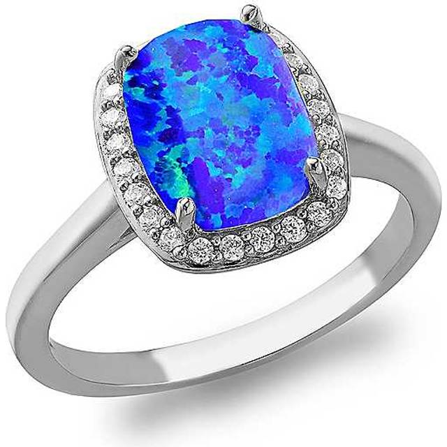 Tuscany Silver Sterling Rhodium Plated Rectangle Synthetic Blue Opal & White Cubic Zirconia 10mm x 11mm Halo Ring