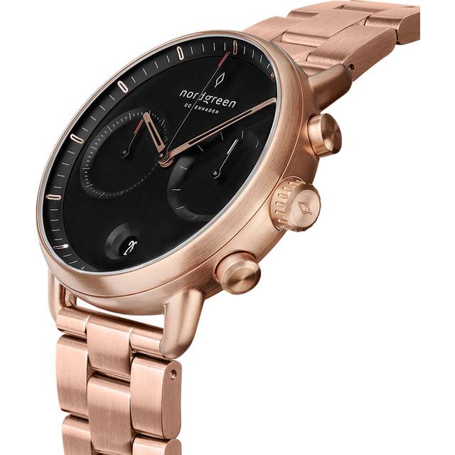 Nordgreen Men's Large Face Watch - Rose Gold Case - Black Dial - 3 Linked Metal Watch Strap