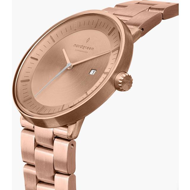 Nordgreen Minimimal Women's Thin Classy Watch - Rose Gold Case - Brushed Metal Dial - 36mm 3-Link Rose Gold Strap