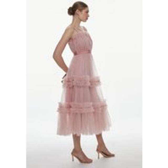 Tulle Bandeau Tiered Midi Dress - Pink