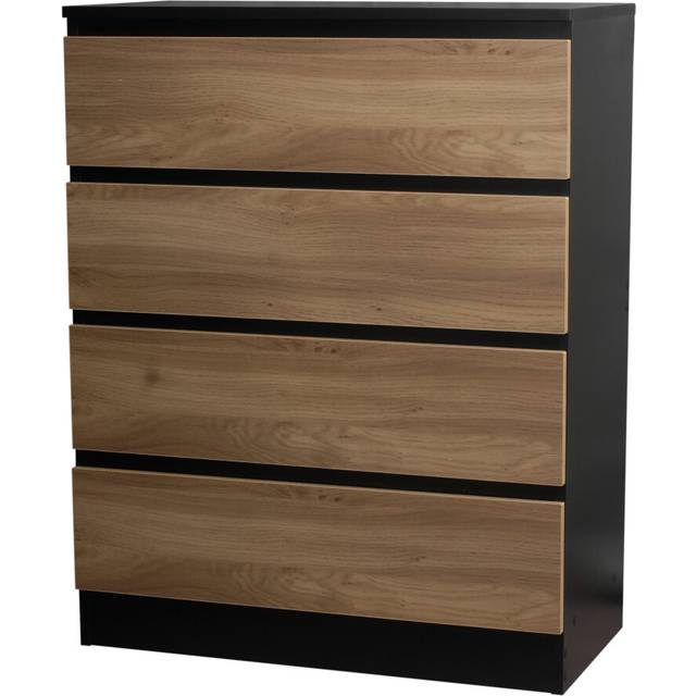 (Black/Oak) 4 Drawer Wooden Bedroom Chest Cabinet No Handles