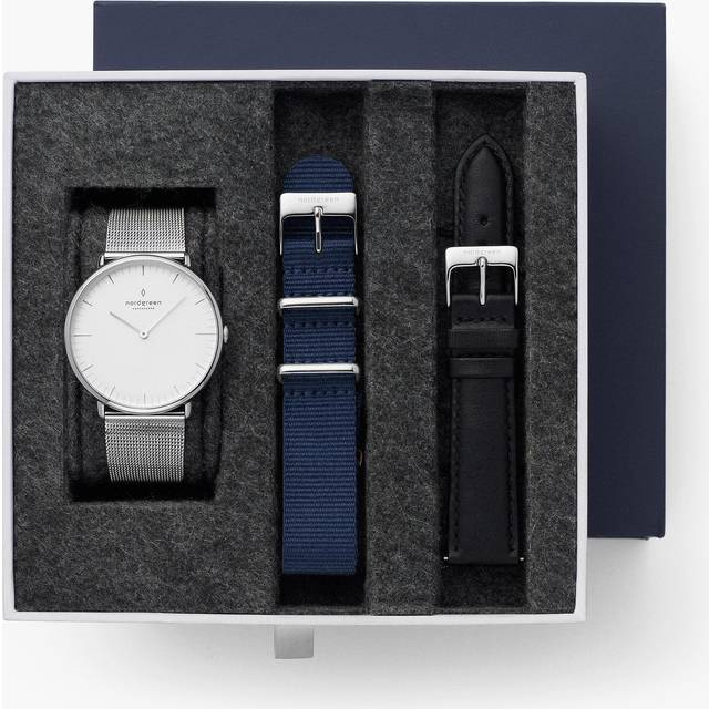 Nordgreen Minimalistist Slim Women's Watch - White Dial - Silver Case - Silver Mesh / Navy Nylon / Black Leather 36mm Straps