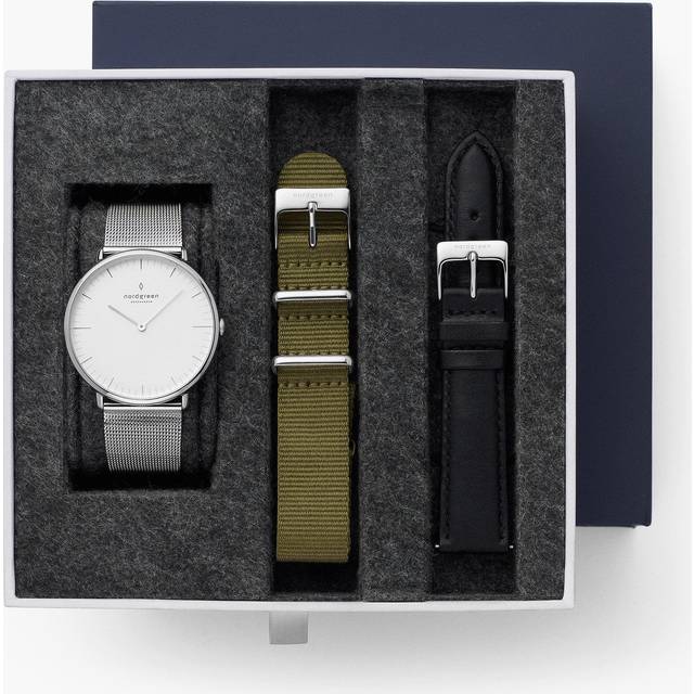 Nordgreen Minimalistist Slim Women's Watch - White Dial - Silver Case - Silver Mesh / Olive Green Nylon / Black Leather 36mm Straps