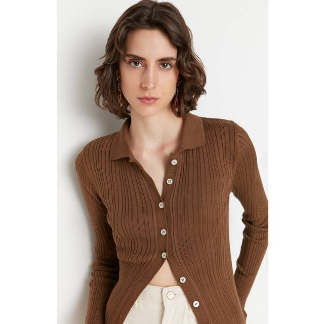 Trendyol Figursydd figursydd polokrage stickad cardigan, Brun, S