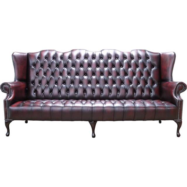Chesterfield 4 Seater Buttoned Seat Sofa Antique Oxblood Leather In Queen Anne Style - Red