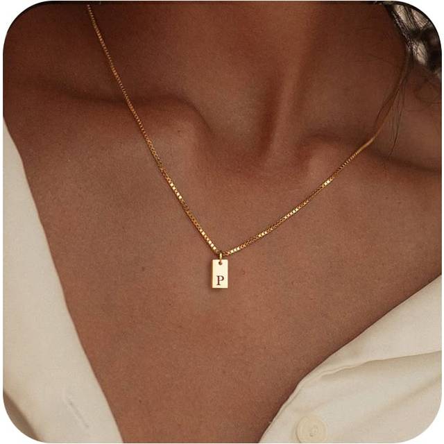 Initial Necklaces for Women 14K Gold Plated Letter Necklace Dainty Gold Name Necklace Personalized Initial Tag Pendant Necklace for Women Trendy Gold