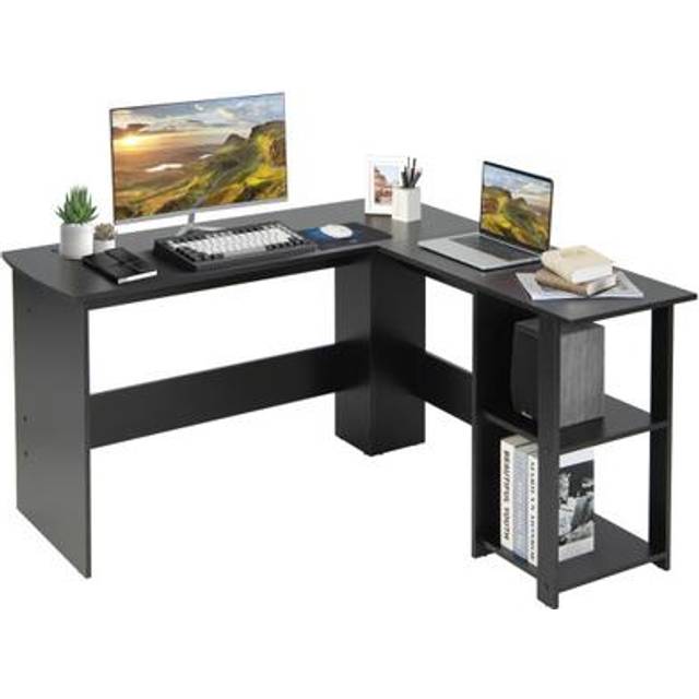 L-Shaped Computer Desk with 2-Tier Open Shelves