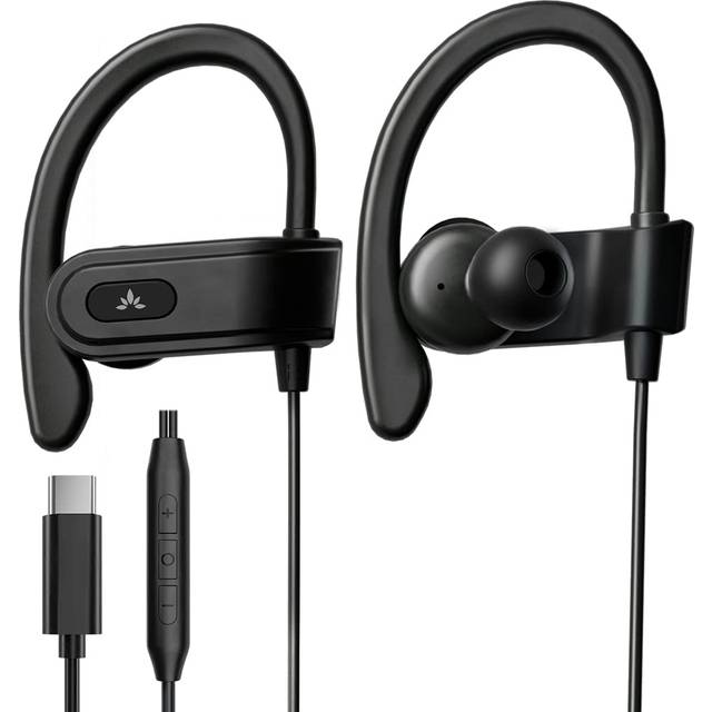 Avantree C171 – USB-C trådbundna öronsnäckor med mikrofon och inbyggd volymkontroll, kompatibel med nya iPhone 16, 15 och Android typ C-telefoner, sporthörlurar med öronkrok