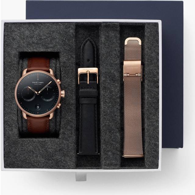 Nordgreen Minimalistist Large Wrist Watch Men's Scandinavian Wrist Watch - Black Dial - Rose Gold Case - Brown Leather / Black Leather / Rose Gold Mesh 42mm Straps