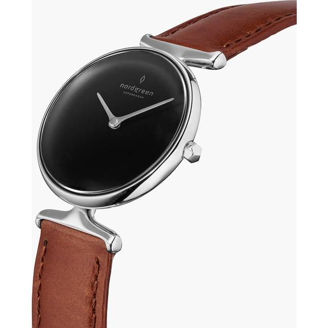 Nordgreen Women's Minimal Small Face Danish Watch - Silver Case - Black Dial - 32mm Brown Leather Strap