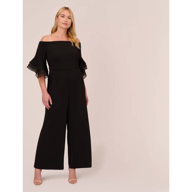 Plus Size Off The Shoulder Crepe Jumpsuit With Organza Sleeves In Black - 28