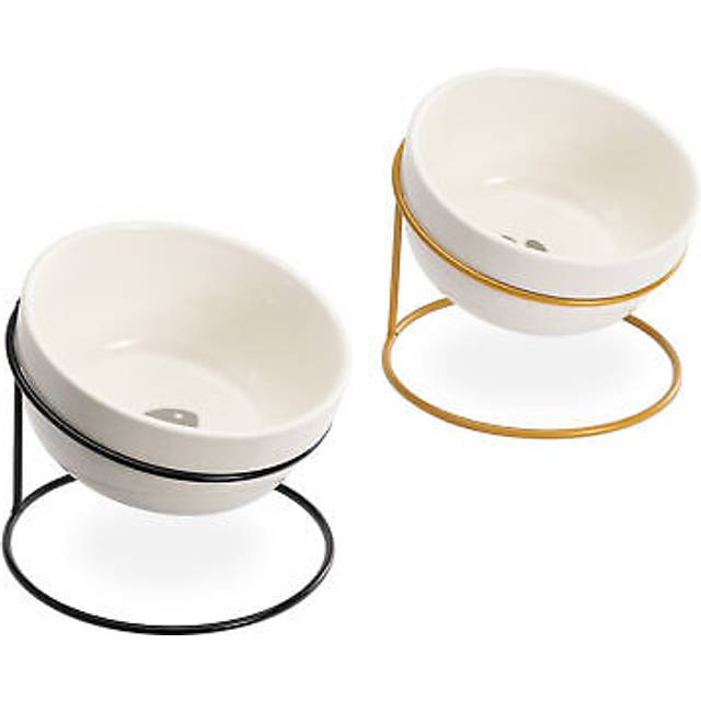 Navaris Tilted Pet Bowls with Stand (Set of 2) - Elevated Ceramic Cat Food Bowl Set for Cats and Small Dogs with Metal Wire Stands - Black and Gold
