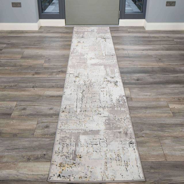 Modern Gold Abstract Distressed Hall Runner Rugs - Hatton - 60cm x 240cm Runner - Cream