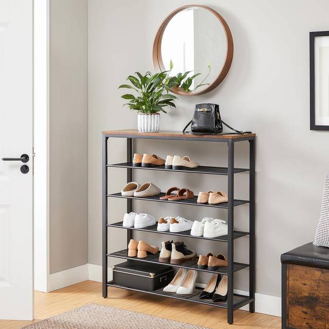 5-Tier Shoe Rack with Vintage Wood Finish & Steel Frame
