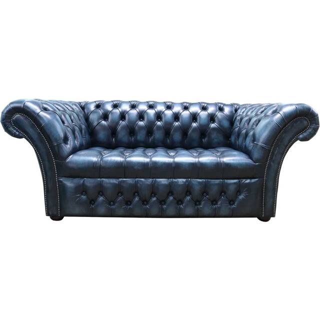 Chesterfield 2 Seater Buttoned Seat Sofa Antique Blue Leather DBB In Balmoral Style