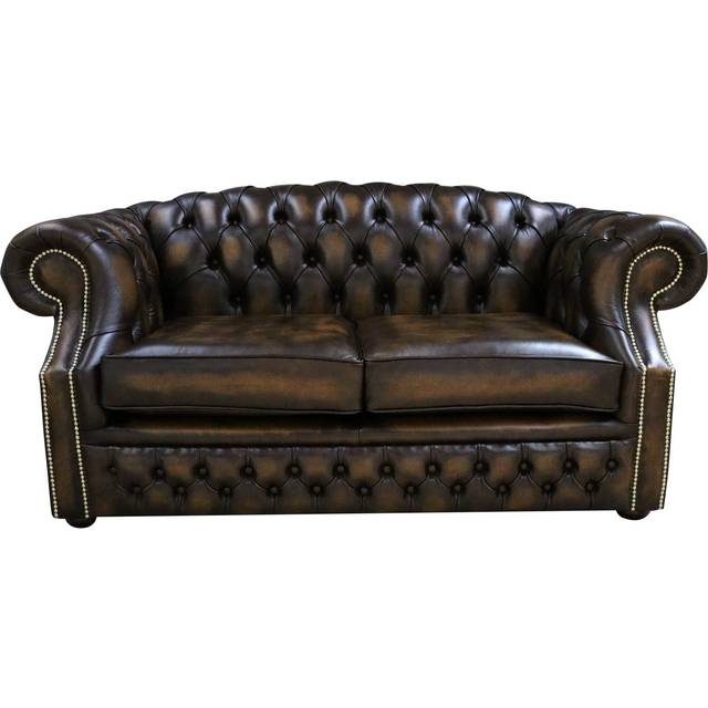 Chesterfield 2 Seater Antique Gold Leather Sofa Bespoke In Buckingham Style