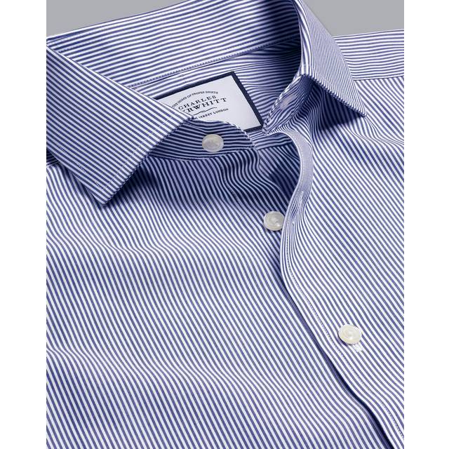 Men's Cutaway Collar Non-Iron Poplin Bengal Stripe Cotton Formal Shirt - Royal Blue Double Cuff, XL by Charles Tyrwhitt (XL)