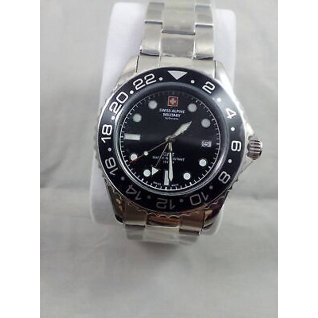 Swiss Alpine Military herrklocka, GMT, analogt kvartsurverk, 7052 rostfritt stål, Stål/svart/svart – 1137 sam