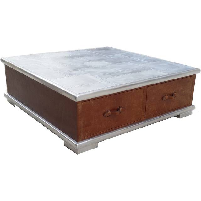 Aviator Handmade Large Square Coffee Table Vintage Brown Real Leather