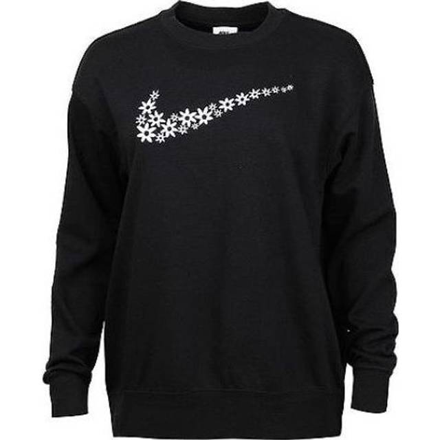 (WMNS) Nike Flowers Logo Printing Round Neck Fleece Lined Long Sleeves Pullover Black Hoodie DM6310-010 - Default Color