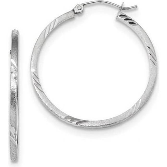 14K White Gold Satin Diamond-Cut Square Tube Hoop Earrings