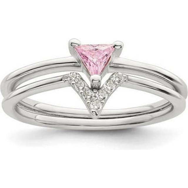 Sterling Silver Pink Trillion CZ & White CZ Ring Set - Size 6