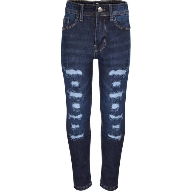 (7-8 Years, Dark Blue) Girls Skinny Dark Blue Jeans Denim Ripped Pants
