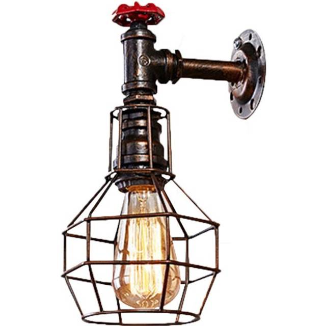 (Silver Grey) Vintage Iron Cage Wall Light Corridor Porch Room Bedside Water Pipe Wall Lamp