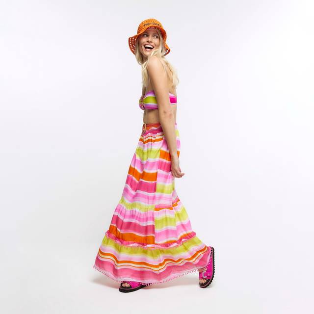 River island womens maxi skirt pink stripe beach tiered raffia high waist bottom