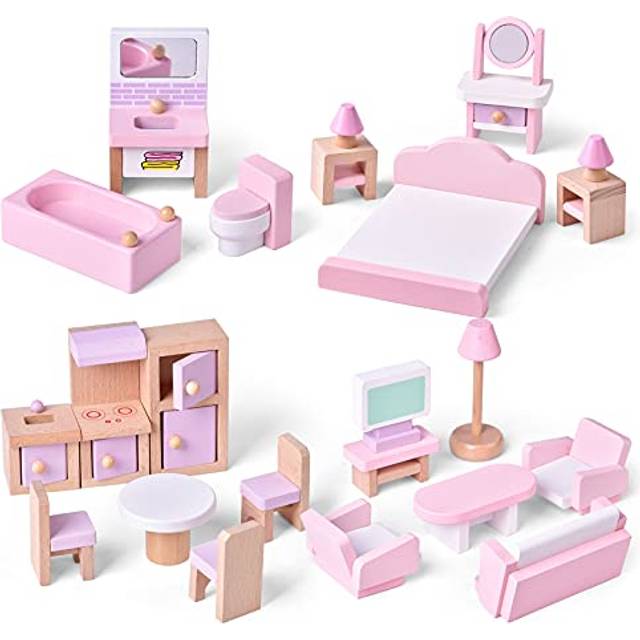 FUN LITTLE TOYS 4 Set Wooden Doll House Furniture, 22 PCs Dollhouse Accessories, Pink Wooden Toys