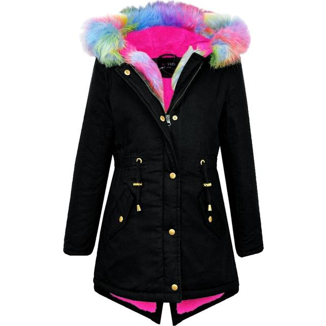 (5-6 Years, Rainbow Fur Black) Girls Camo Black Faux Fur Hooded Parka Jackets