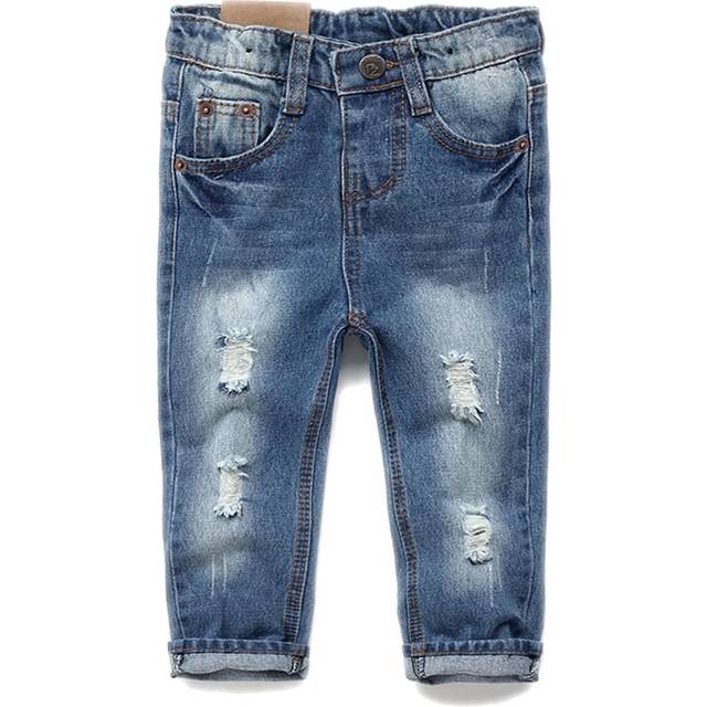 KIDSCOOL SPACE Baby Girl Boy Jeans Little Kid Elastic Band Inside Ripped Denim Pants Light Blue 6-12 Months