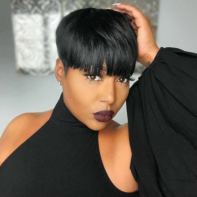 PangDongLai Pixie wigs for Black Women Human Hair Glueless Short Wigs with Bangs Layered Pixie Cut Wigs Brazilian Remy Human Hair Full Machine Made Wi