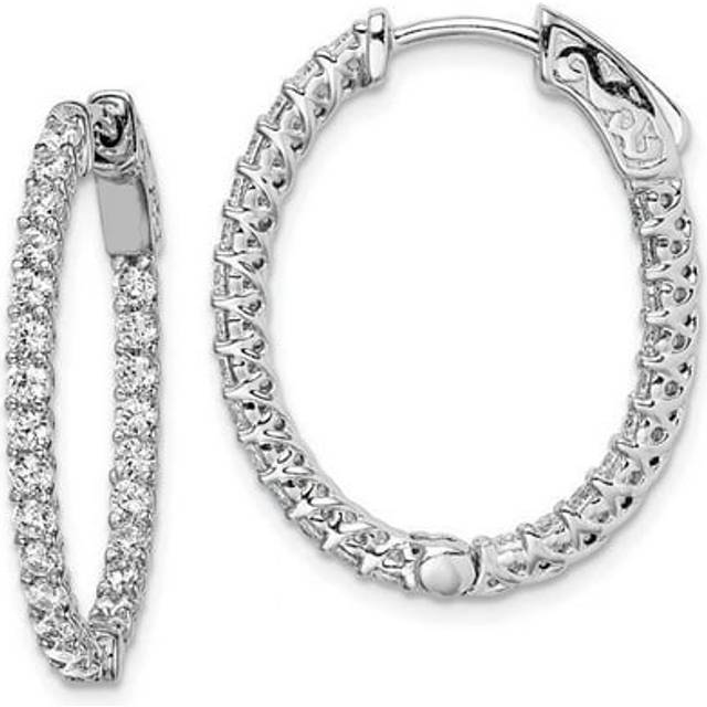 27 mm Sterling Silver Rhodium-Plated CZ Hinged Oval Hoop Earrings, Polished