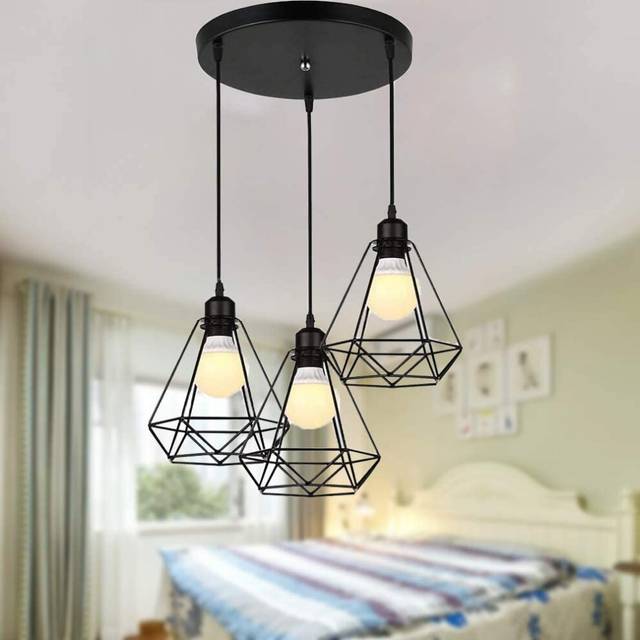 Vintage Retro Hanging Light Ã200MM Diamond Chandelier Industrial Pendant Light Height Adjustable Pendant Lamp 3 Lamp Holders Pendant Lamp Black