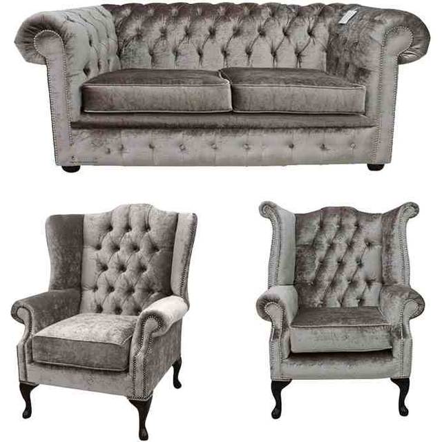 Chesterfield Original 2 Seater + Mallory Chair + Queen Anne Chair Verity Silver Fabric Sofa Suite - Grey - Suite Offers