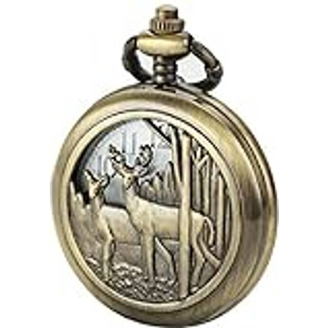 SIBOSUN Pocket Watch with Chain Deer Reindeer Woodland Men Smooth Back Case Bronze Vintage Box Quartz Brown