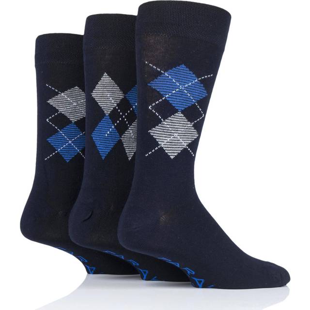 3 Pair Navy / Blue Luxury Bamboo Argyle Socks Men's 6-11 Mens - Farah - Multi Coloured