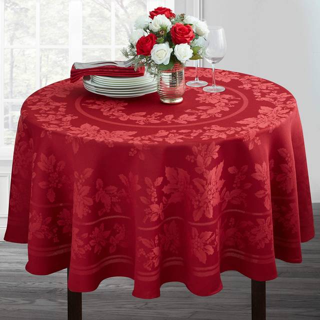 "Benson Mills Holiday Elegance Heavyweight Engineered Jacquard Fabric Table Cloth  Holiday  Winter and Christmas Tablecloth (Dark Red  70"""""""" Round)"